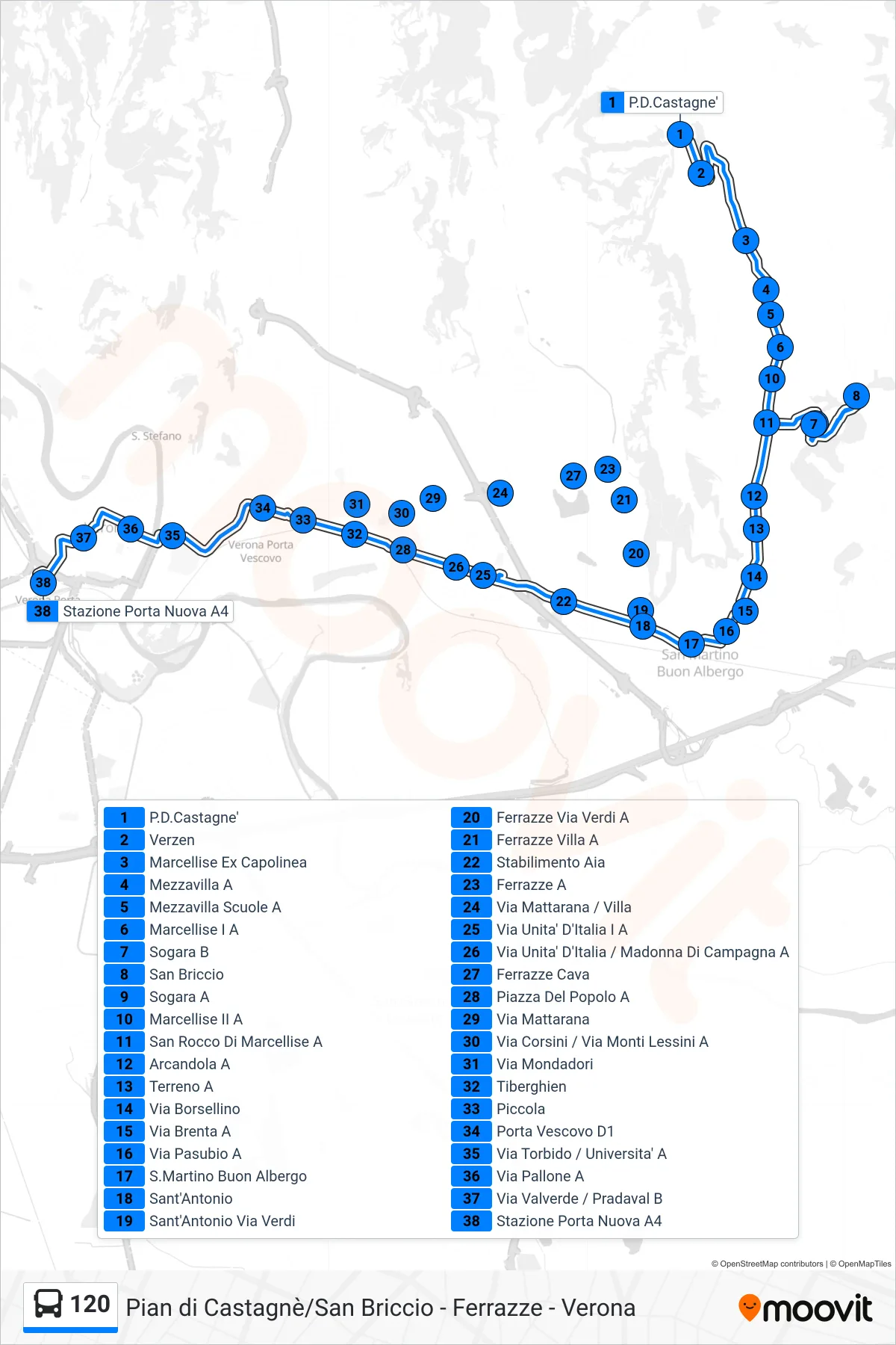 Linea 120 bus (Verona - Stazione FS) - Percorsi e fermate sulla mappa