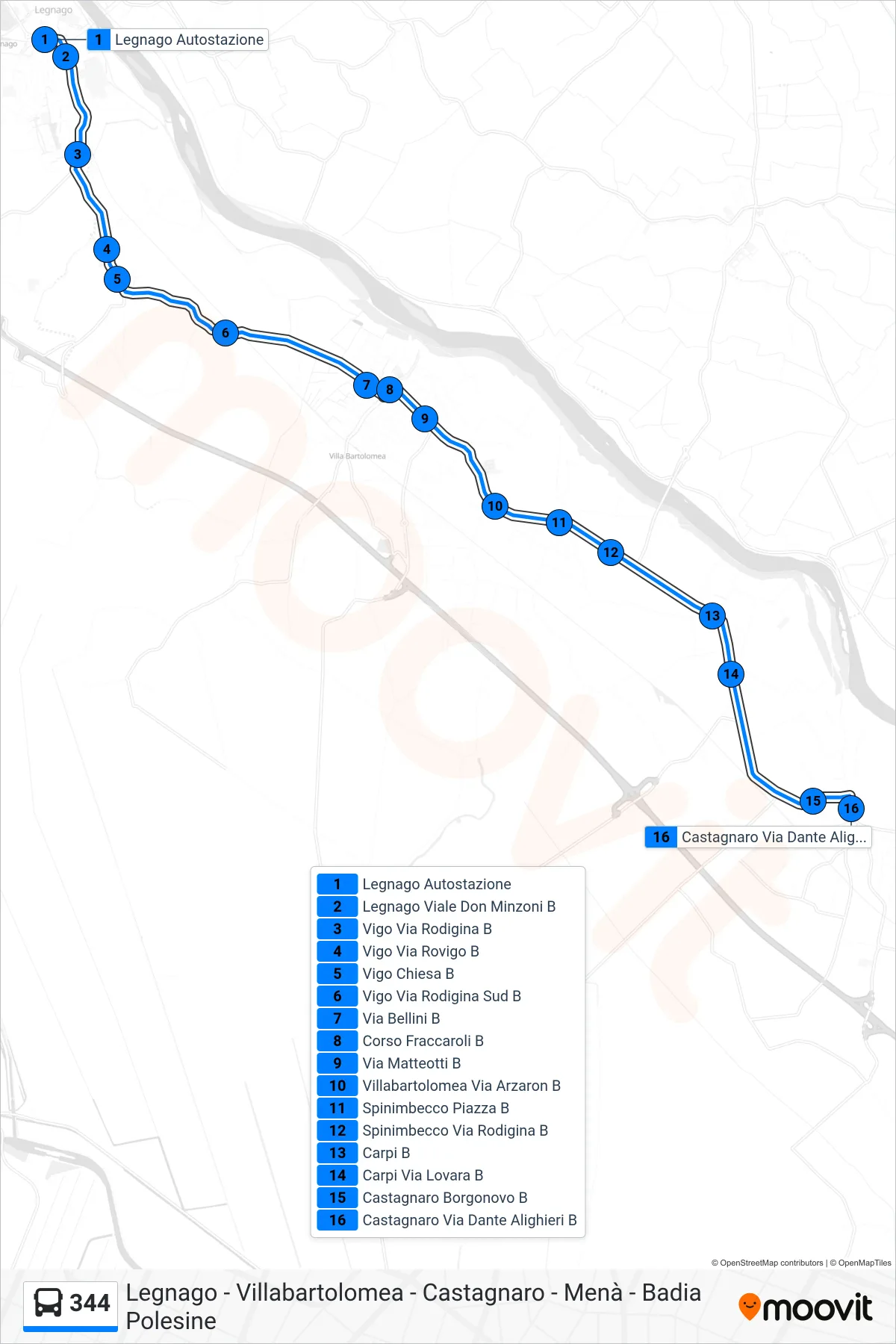 Linea 344 bus (Castagnaro) - Percorsi e fermate sulla mappa