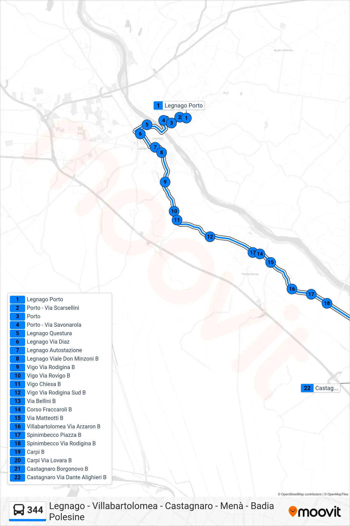 Linea 344 bus (Castagnaro) - Percorsi e fermate sulla mappa