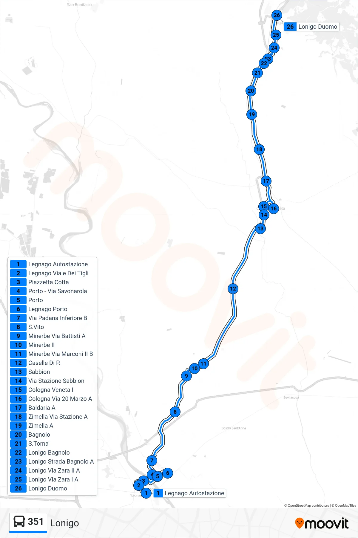 Linea 351  bus (Lonigo) - Percorsi e fermate sulla mappa