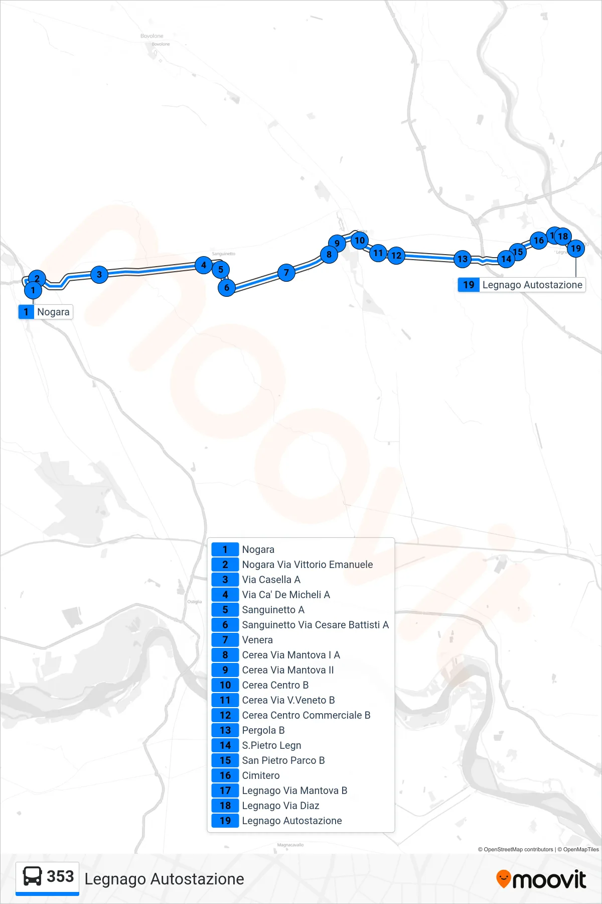 Linea 353 bus (Legnago Autostazione) - Percorsi e fermate sulla mappa