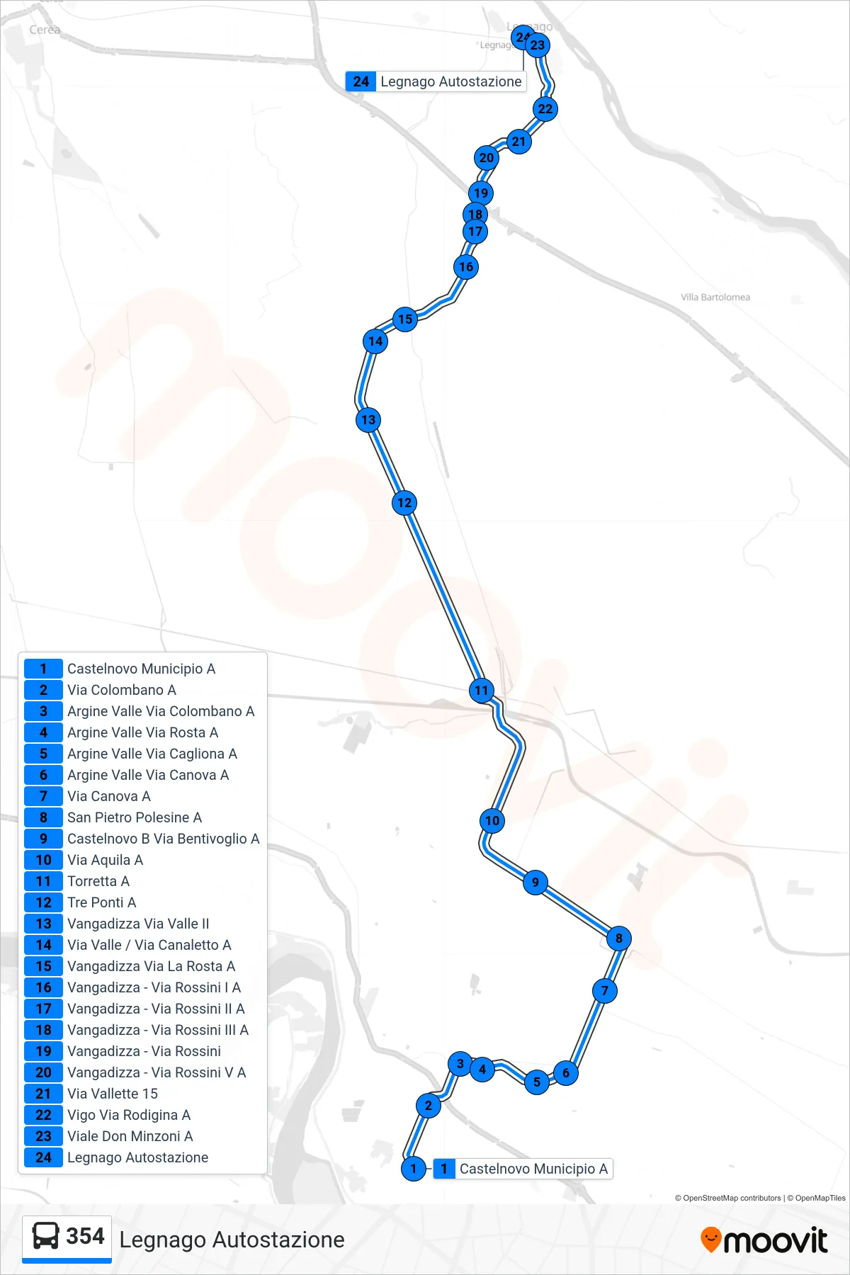 Linea 354 bus (Legnago Autostazione) - Percorsi e fermate sulla mappa