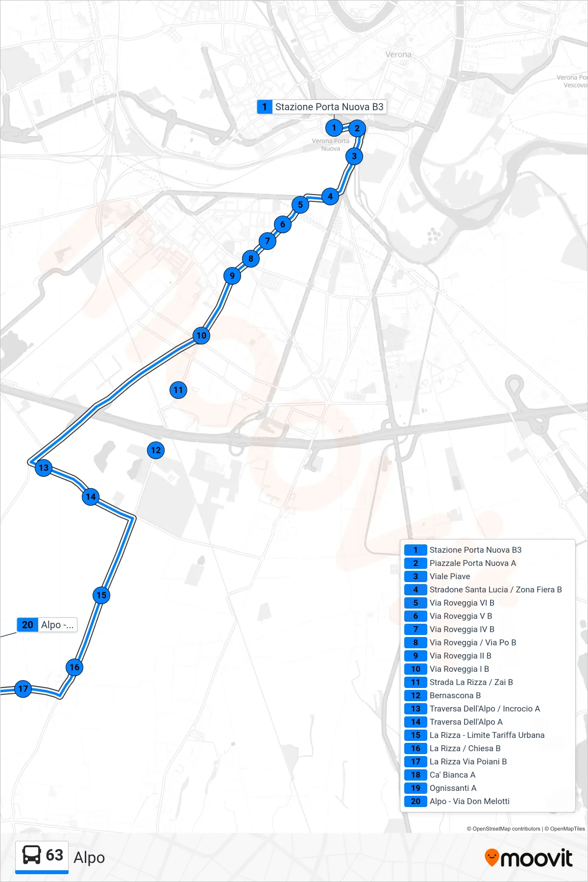 Linea 63  bus (Alpo) - Percorsi e fermate sulla mappa