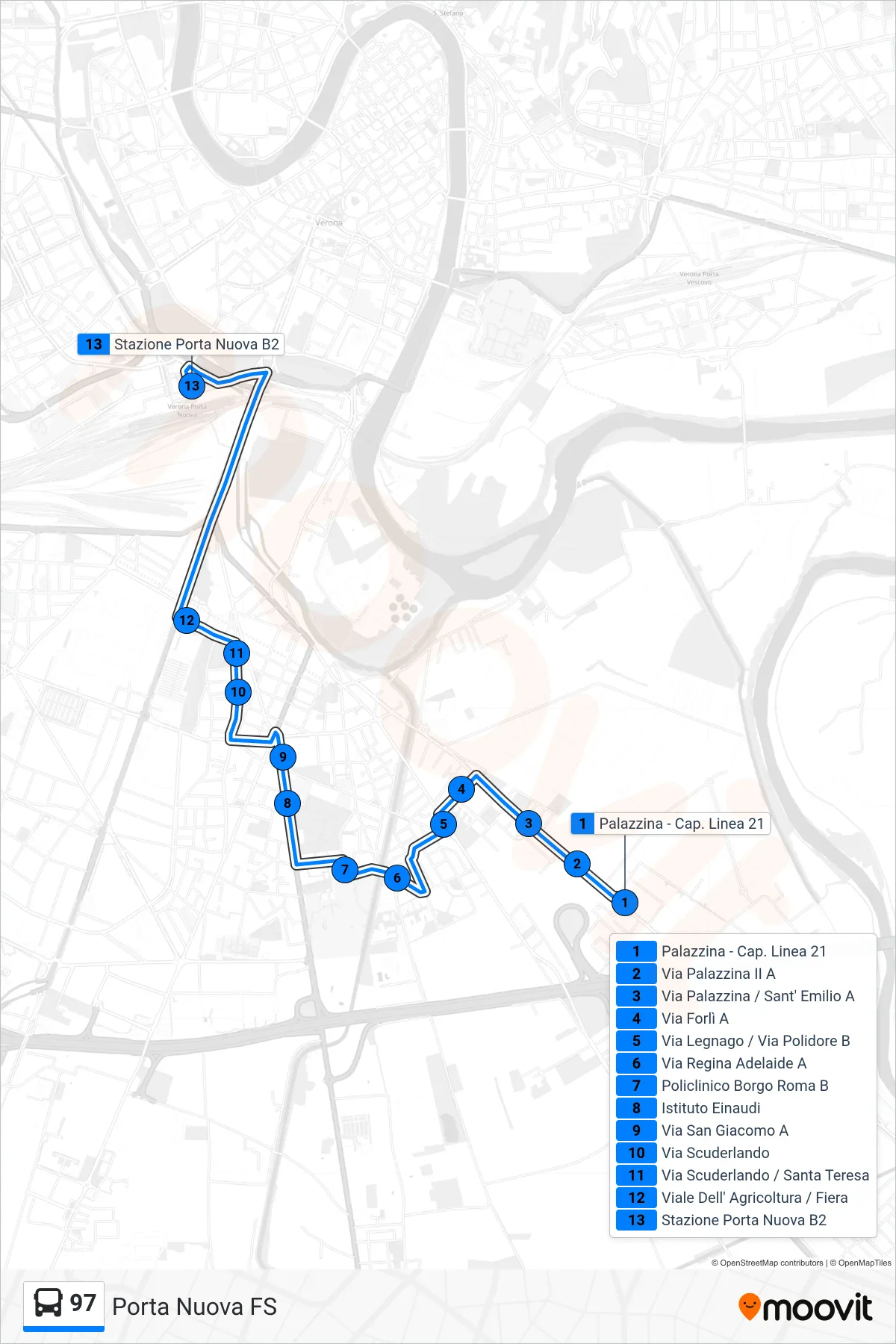 Linea 97 bus (Porta Nuova FS) - Percorsi e fermate sulla mappa