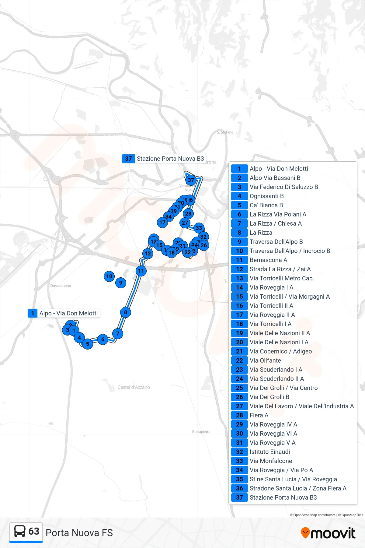 Linea 63  bus (Porta Nuova FS) - Percorsi e fermate sulla mappa