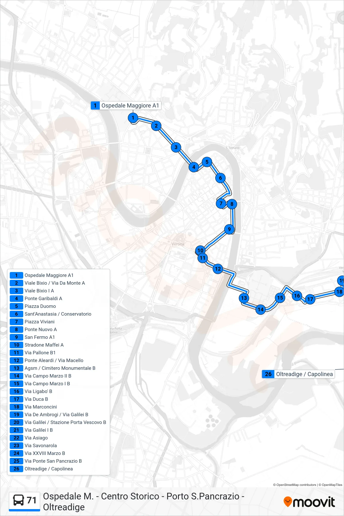 Linea 71  bus (Oltreadige) - Percorsi e fermate sulla mappa