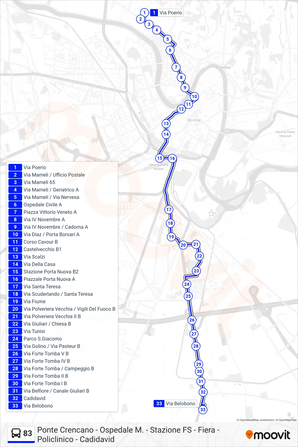 Linea 83  bus (Cadidavid) - Percorsi e fermate sulla mappa