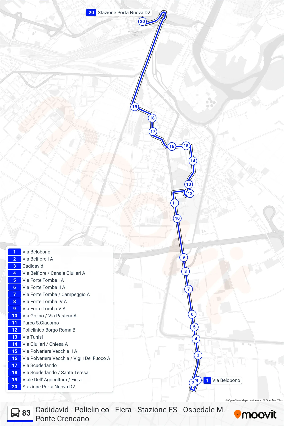 Linea 83 bus (Porta Nuova FS) - Percorsi e fermate sulla mappa
