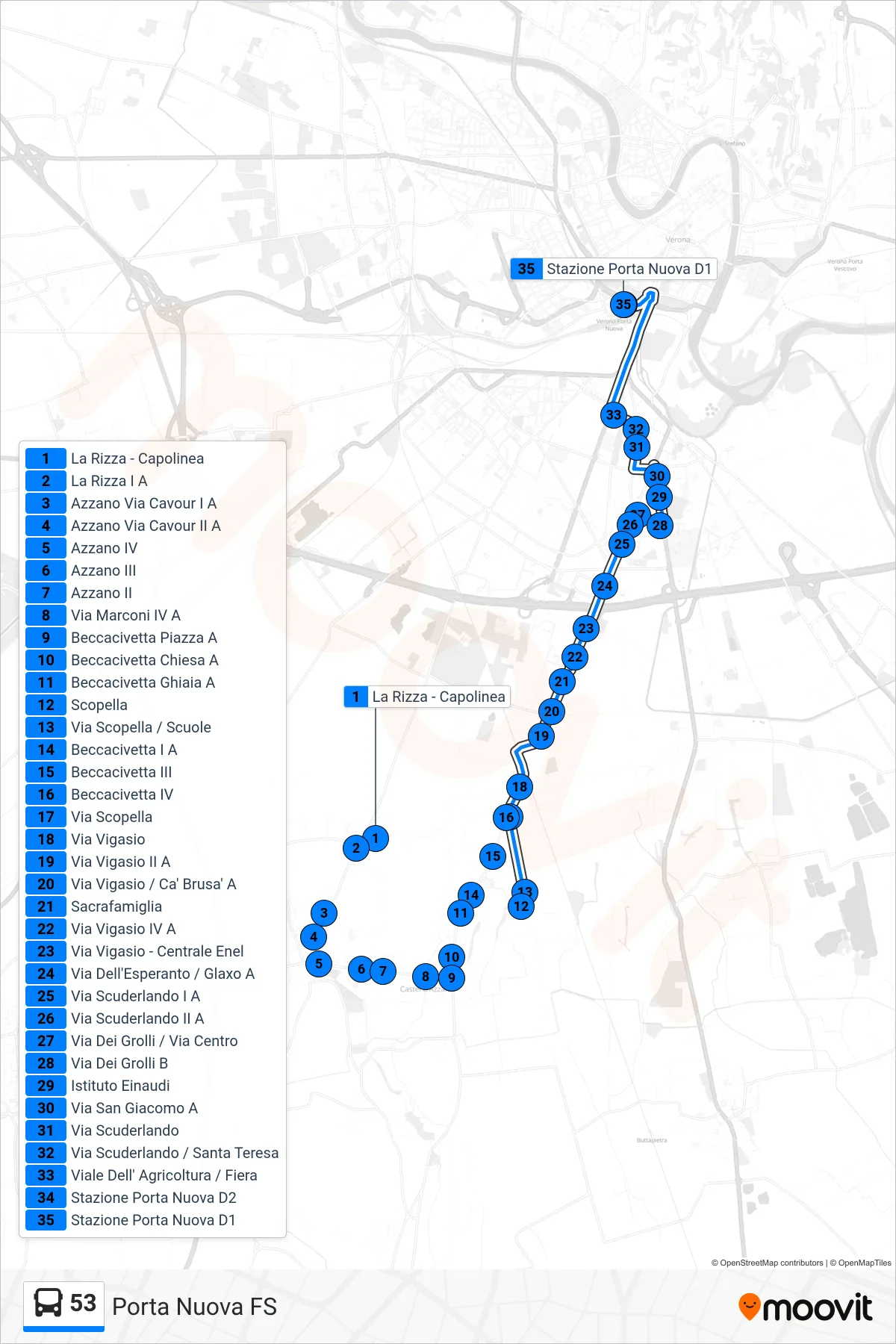Linea 53 bus (Porta Nuova FS) - Percorsi e fermate sulla mappa