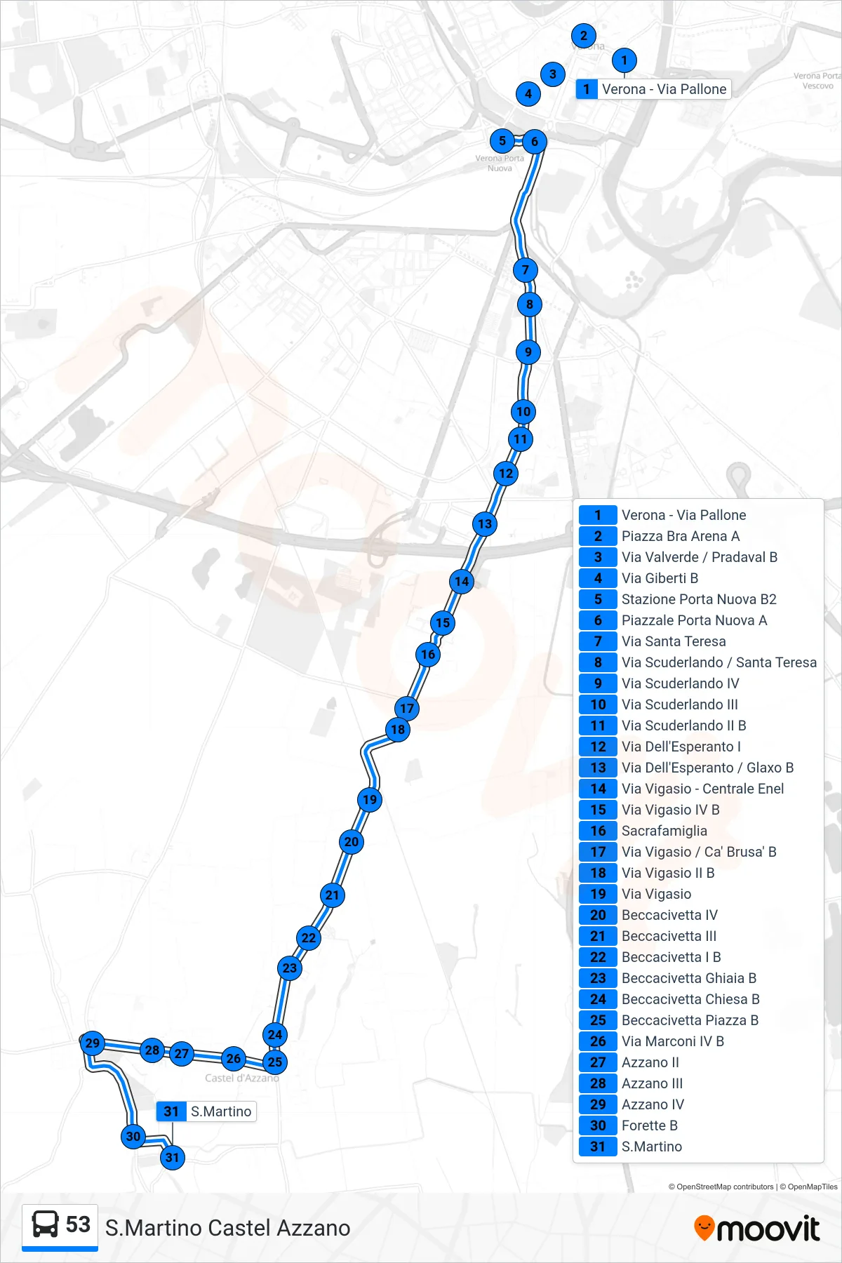 Linea 53  bus (S.Martino Castel Azzano) - Percorsi e fermate sulla mappa