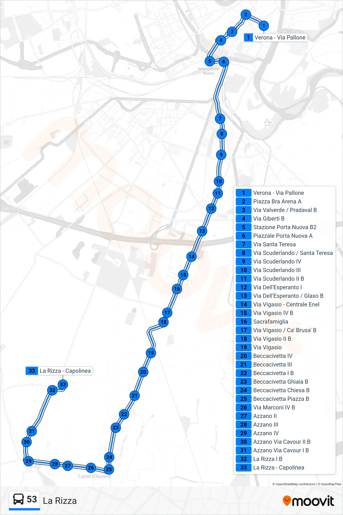 Linea 53  bus (La Rizza) - Percorsi e fermate sulla mappa