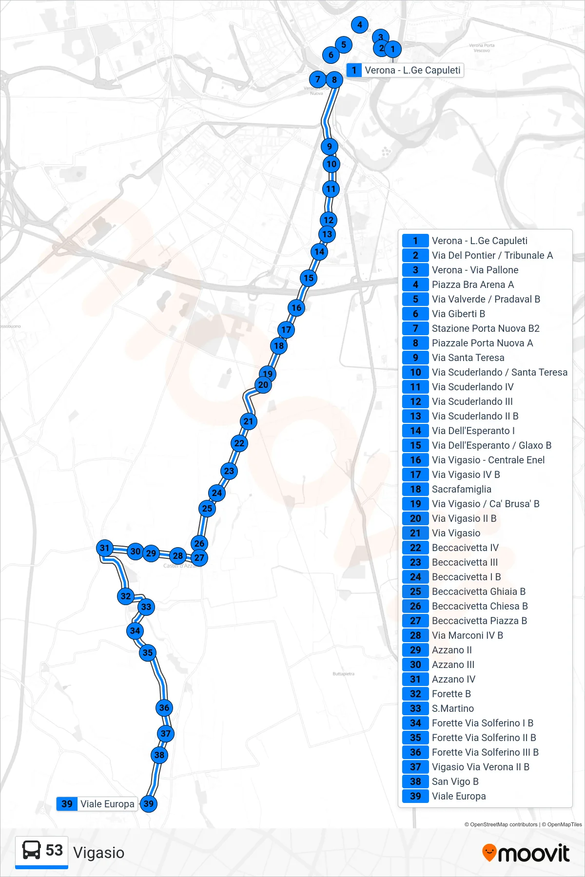 Linea 53 bus (Vigasio) - Percorsi e fermate sulla mappa