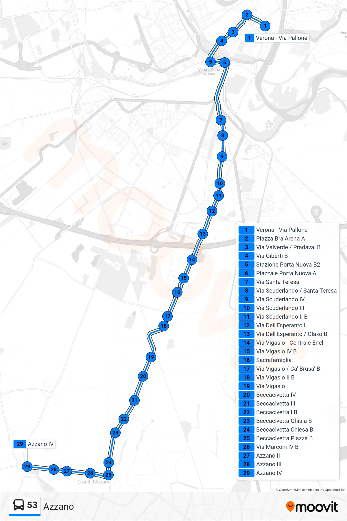 Linea 53 bus (Azzano) - Percorsi e fermate sulla mappa