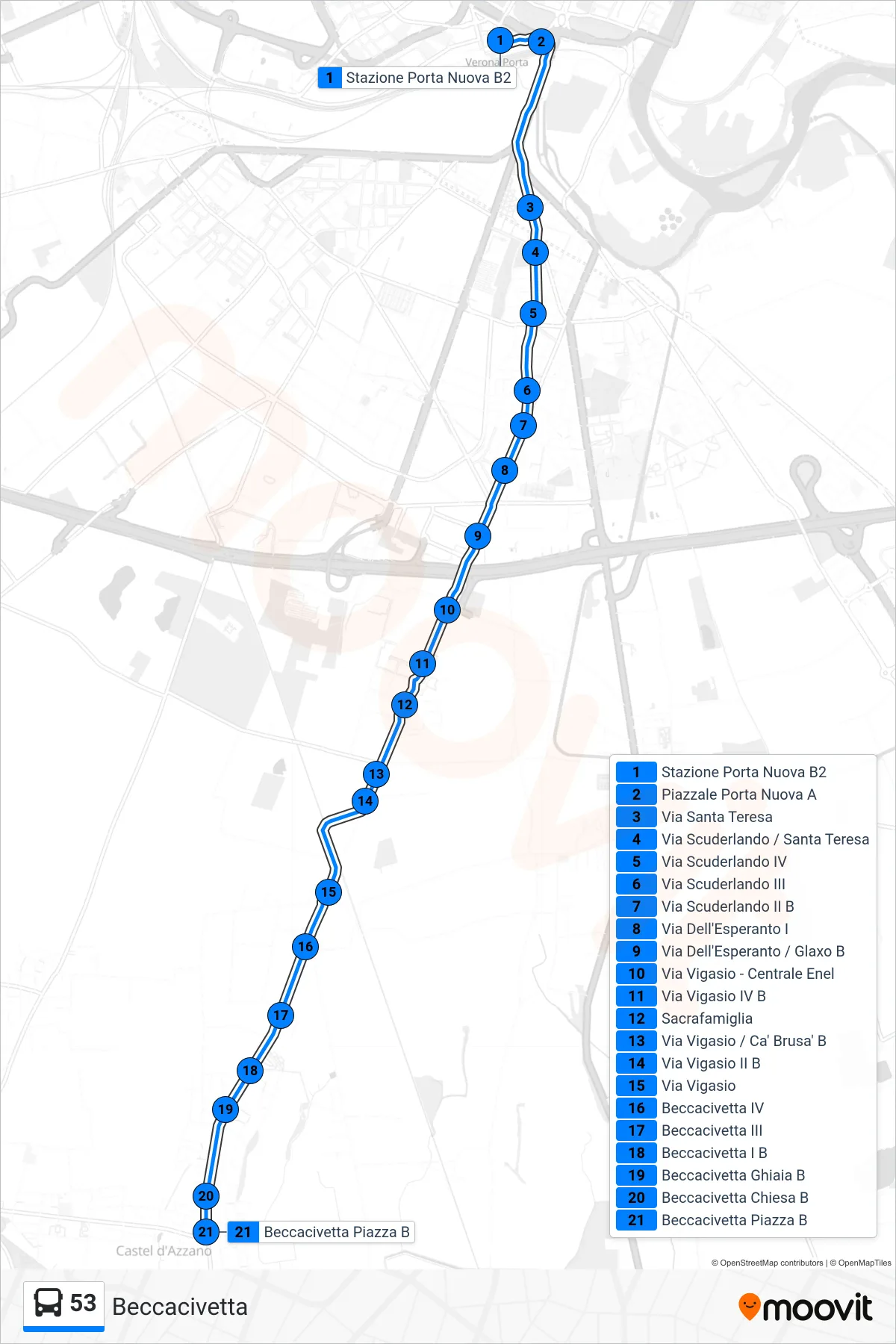 Linea 53 bus (Beccacivetta) - Percorsi e fermate sulla mappa