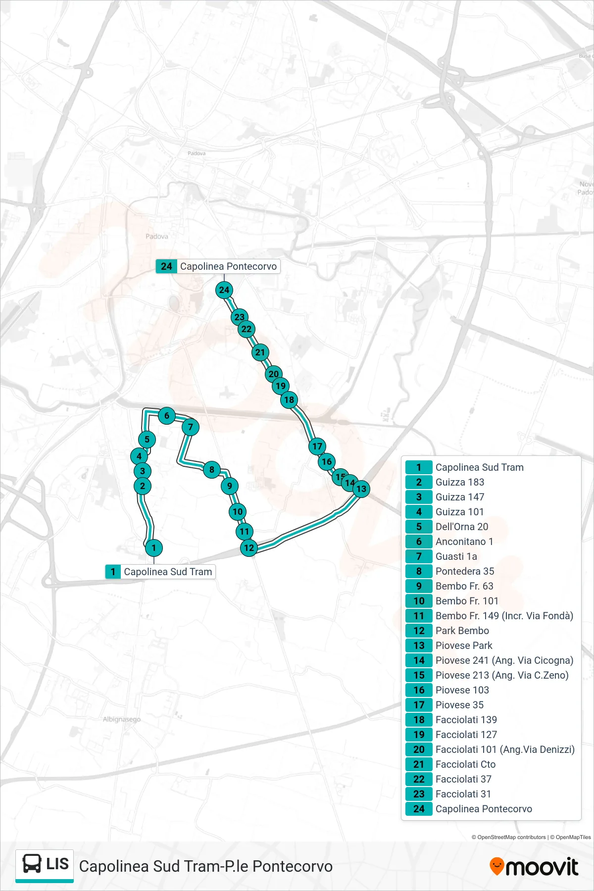 Linea LIS tram (Capolinea Sud Tram > Capolinea Pontecorvo) - Percorsi e fermate sulla mappa
