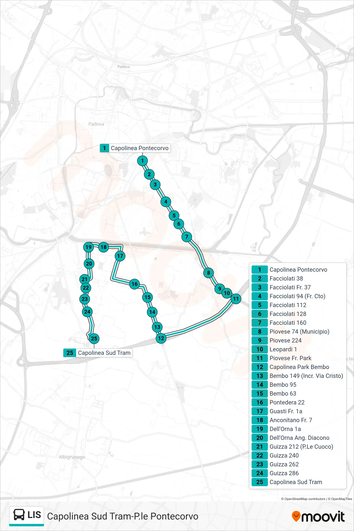 Linea LIS tram (Pontecorvo > Capolinea Sud Tram) - Percorsi e fermate sulla mappa