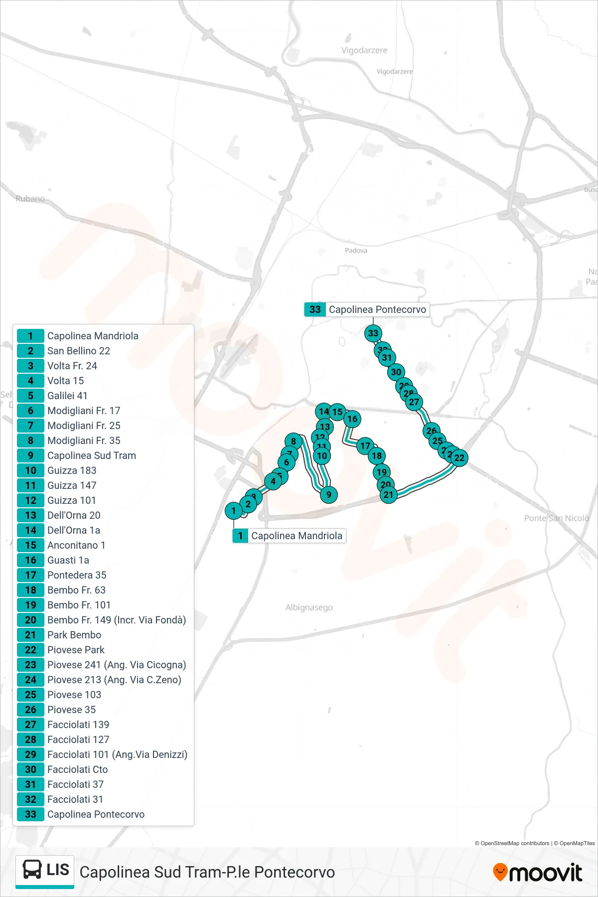 Linea LIS  tram (Mandriola > Capolinea Sud Tram > Pontecorvo) - Percorsi e fermate sulla mappa