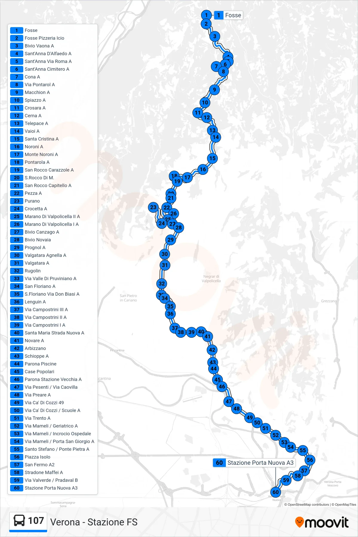 Linea 107  bus (Verona - Stazione FS) - Percorsi e fermate sulla mappa