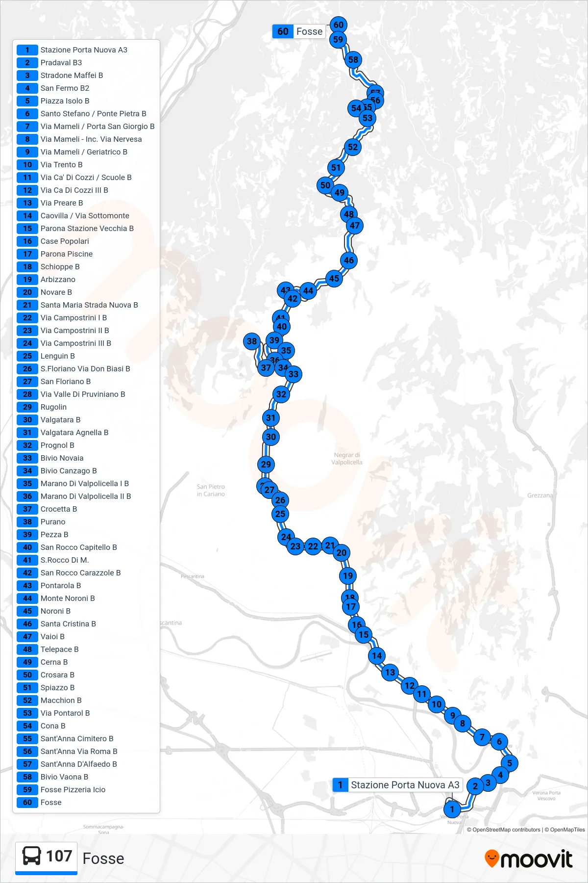 Linea 107  bus (Fosse) - Percorsi e fermate sulla mappa
