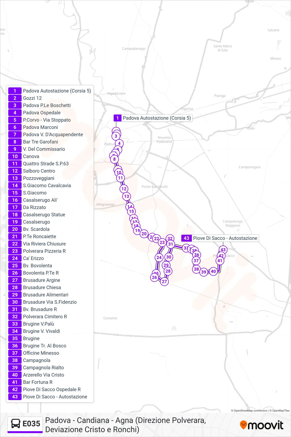 Linea E035  bus (Piove Di Sacco Autostazione) - Percorsi e fermate sulla mappa