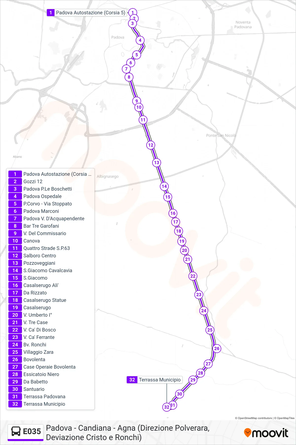 Linea E035 bus (Terrassa Padovana) - Percorsi e fermate sulla mappa
