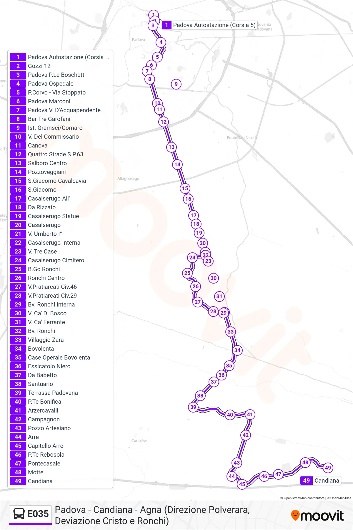 Linea E035 bus (Candiana) - Percorsi e fermate sulla mappa