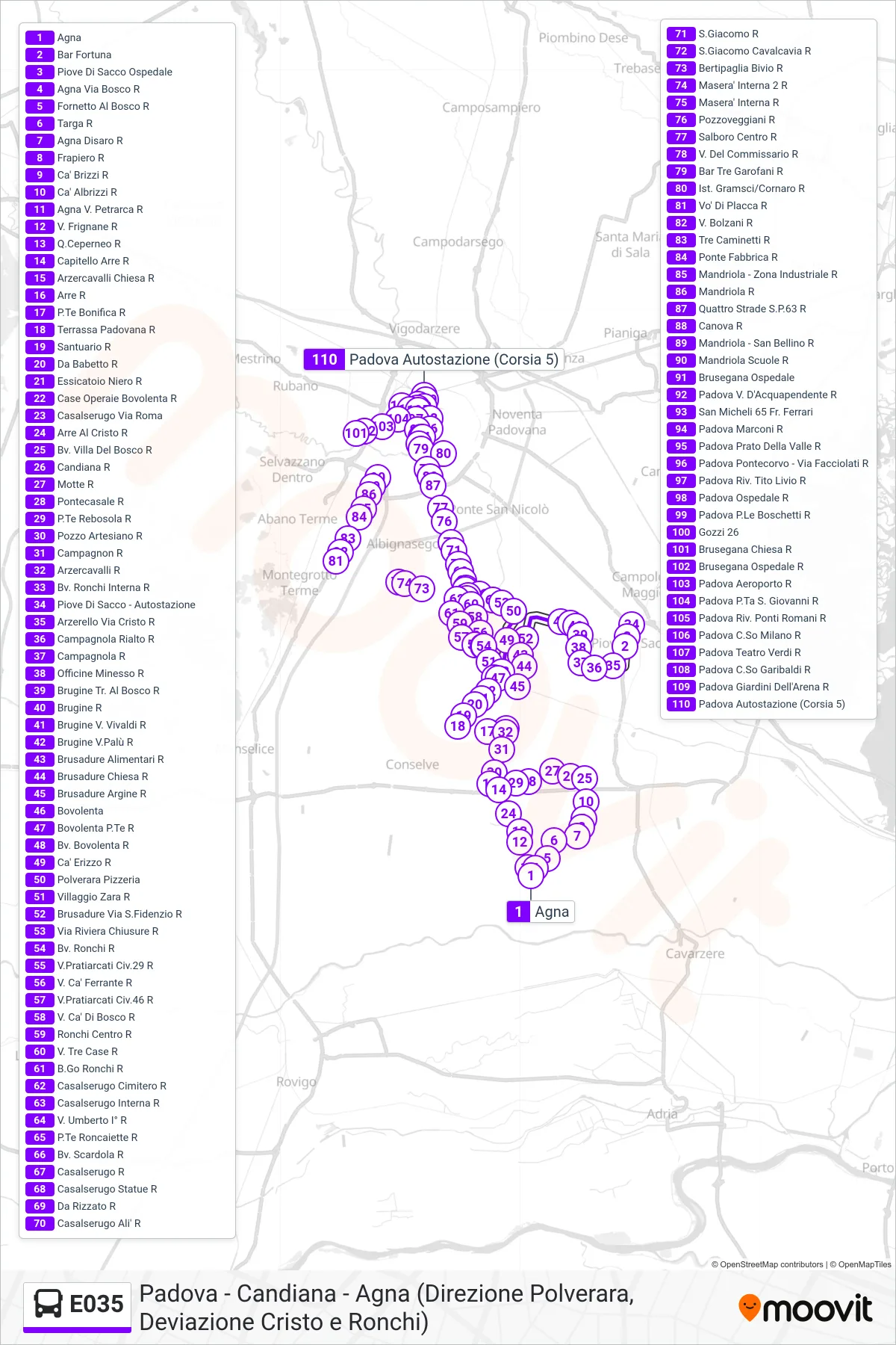 Linea E035 bus (Padova Autostazione) - Percorsi e fermate sulla mappa