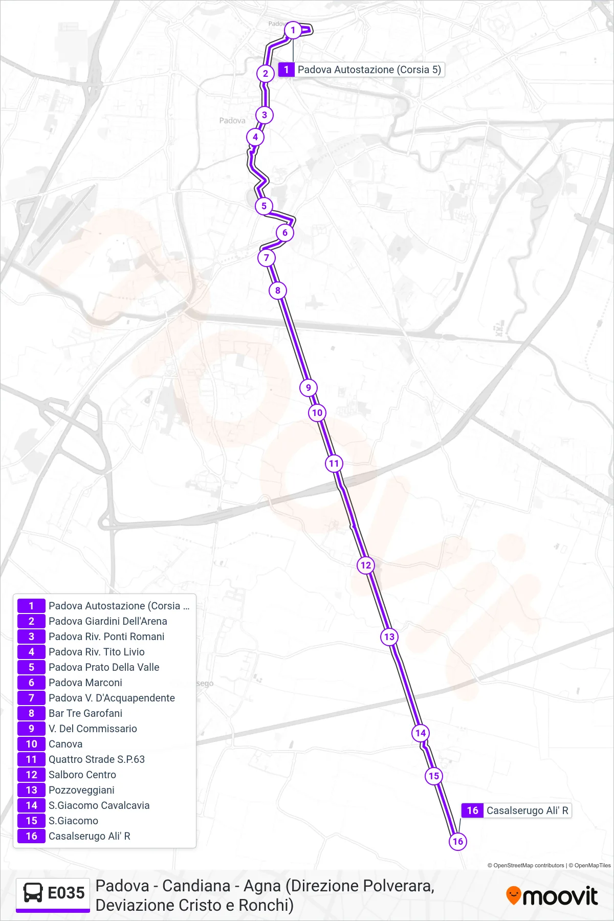 Linea E035 bus (Casalserugo Ali') - Percorsi e fermate sulla mappa