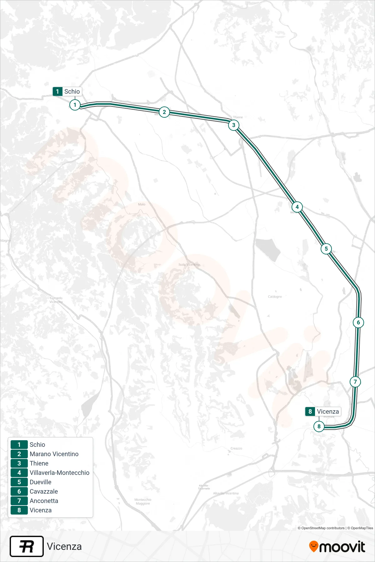 Linea R treno (Vicenza) - Percorsi e fermate sulla mappa