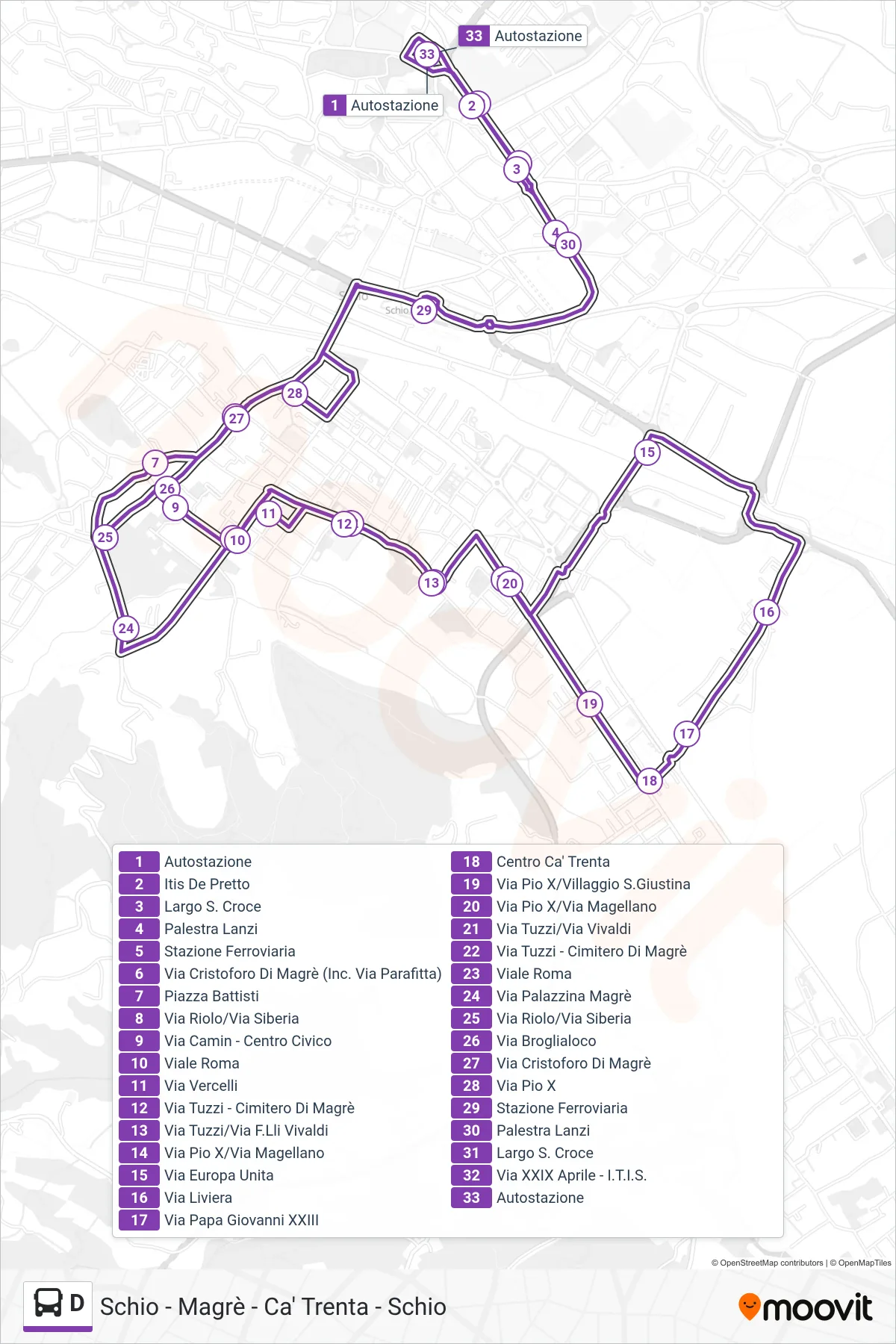 Linea D bus (Schio - Magrè - Ca' Trenta - Schio) - Percorsi e fermate sulla mappa