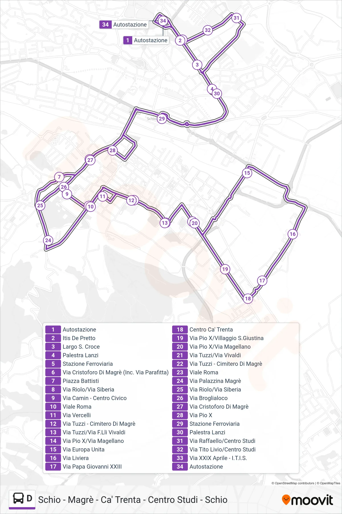 Linea D bus (Schio - Magrè - Ca' Trenta - Centro Studi - Schio) - Percorsi e fermate sulla mappa