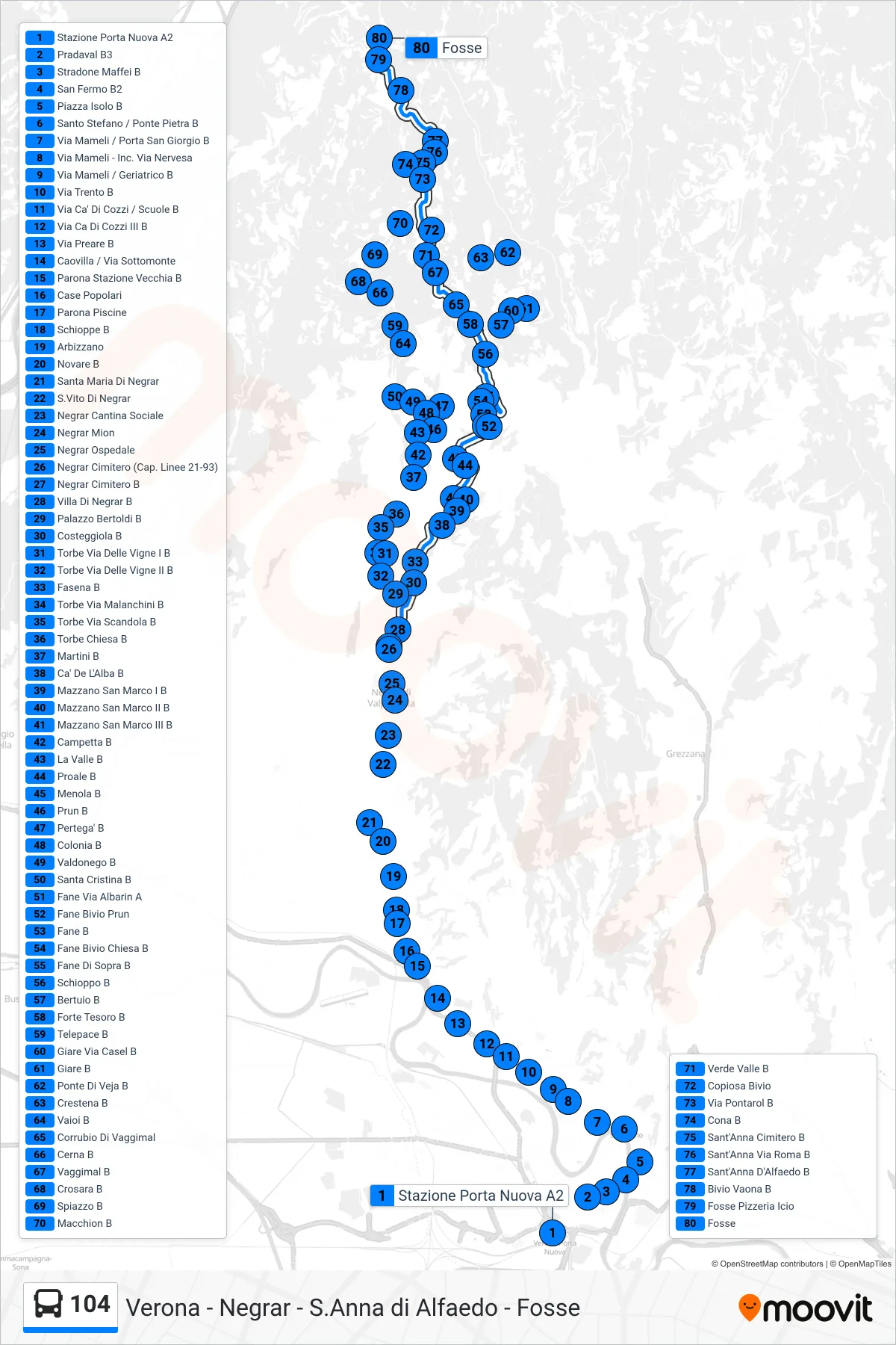 Linea 104 bus (Fosse) - Percorsi e fermate sulla mappa