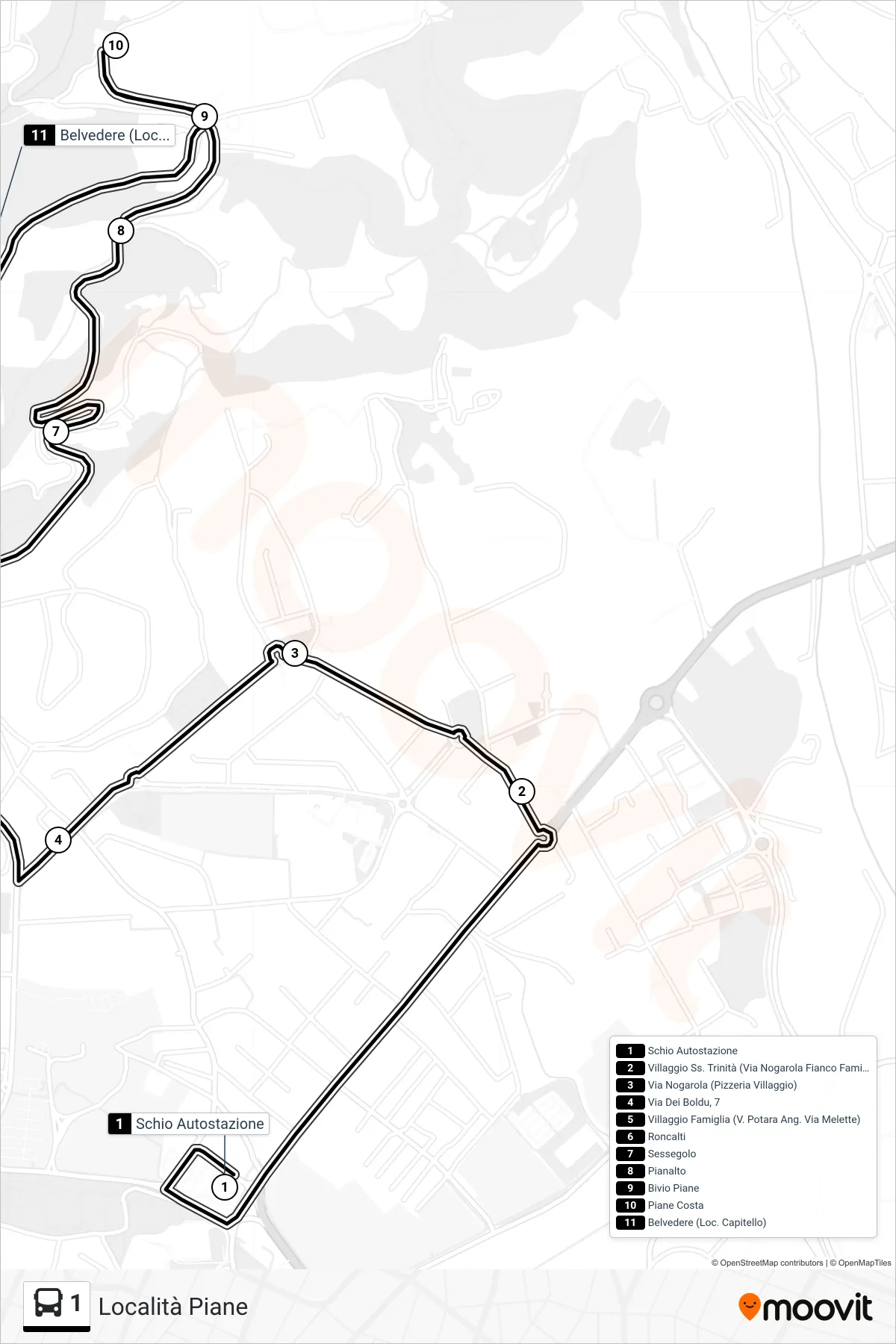 Linea 1 bus (Località Piane) - Percorsi e fermate sulla mappa