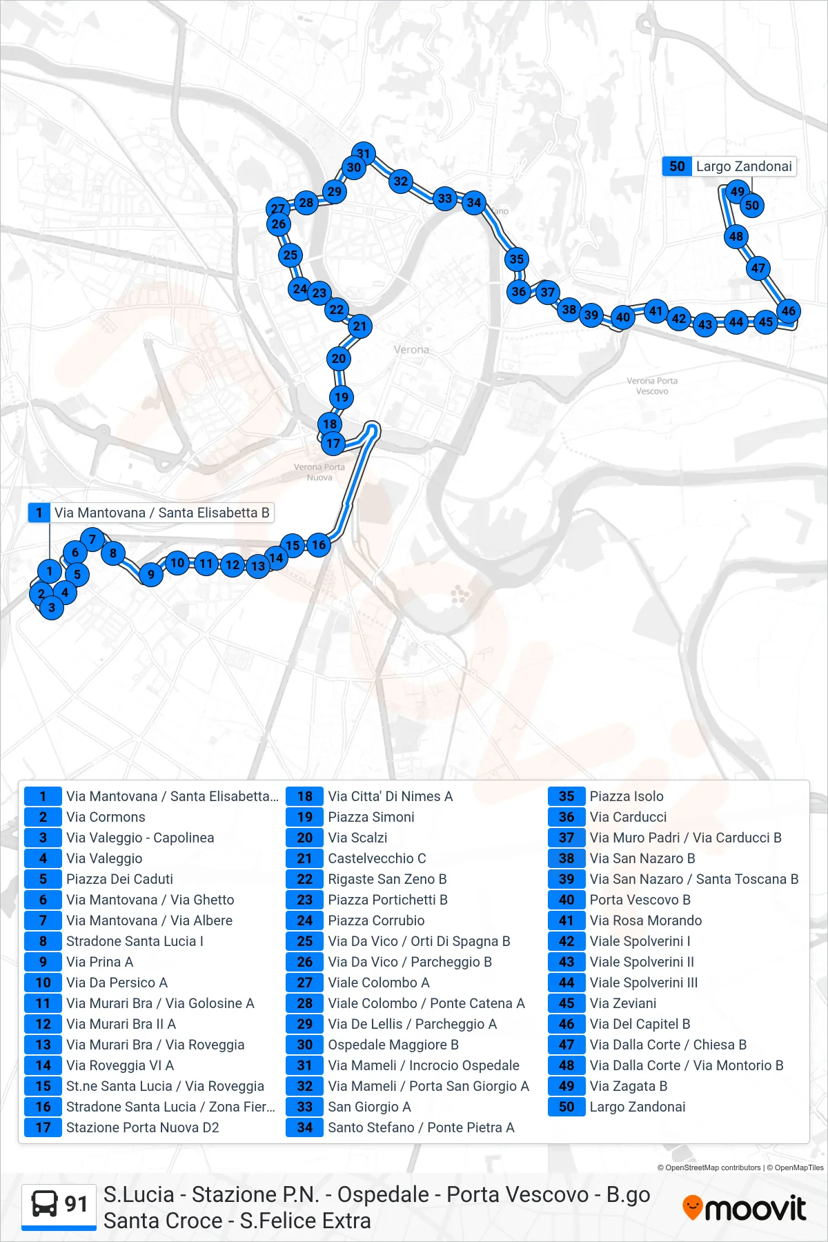 Linea 91 bus (L.Go Zandonai) - Percorsi e fermate sulla mappa