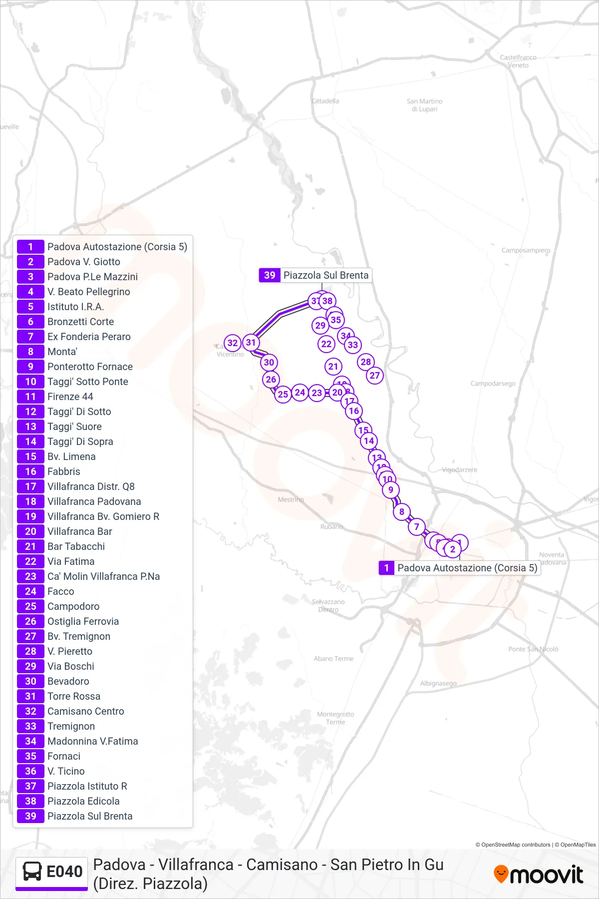 Linea E040 bus (Piazzola Sul Brenta) - Percorsi e fermate sulla mappa