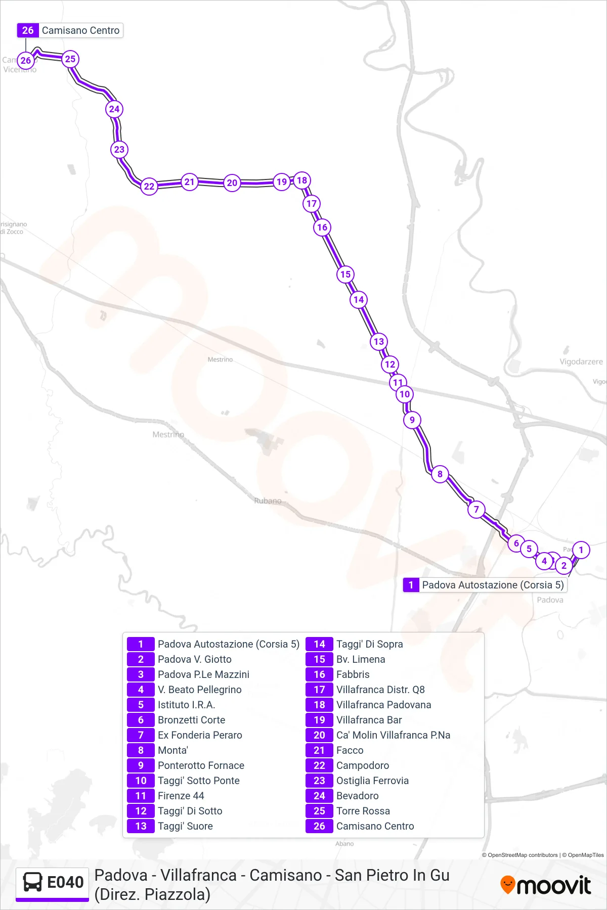 Linea E040  bus (Camisano) - Percorsi e fermate sulla mappa