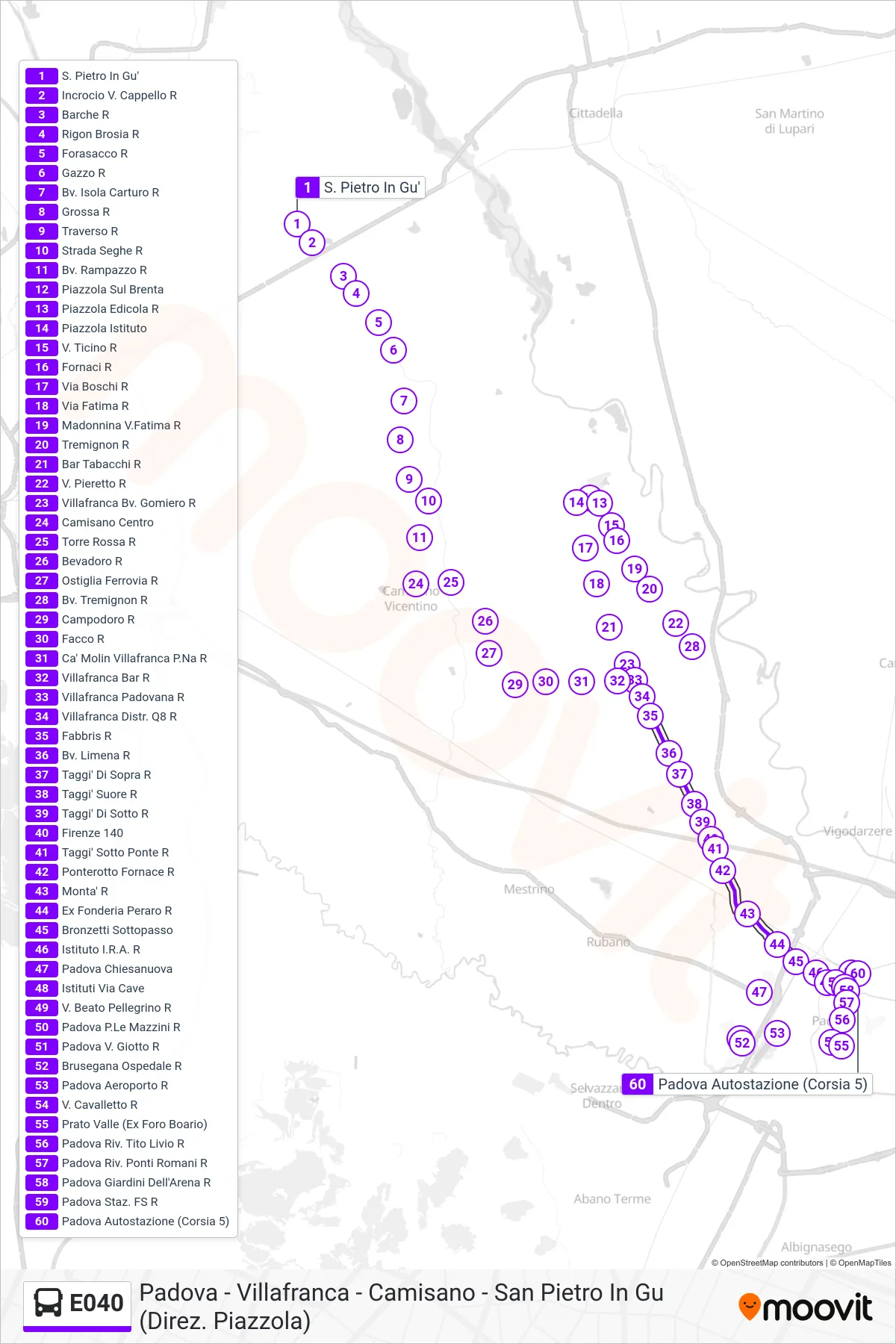 Linea E040 bus (Padova Autostazione) - Percorsi e fermate sulla mappa