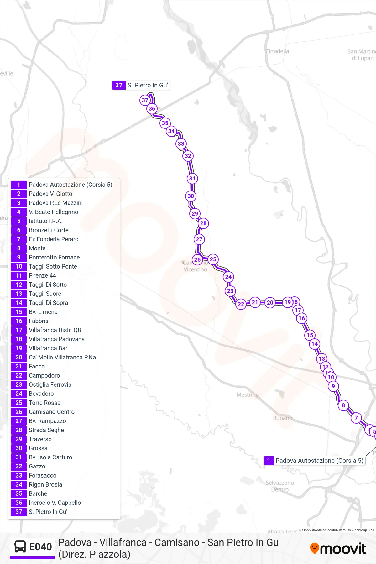 Linea E040 bus (S. Pietro In Gu') - Percorsi e fermate sulla mappa