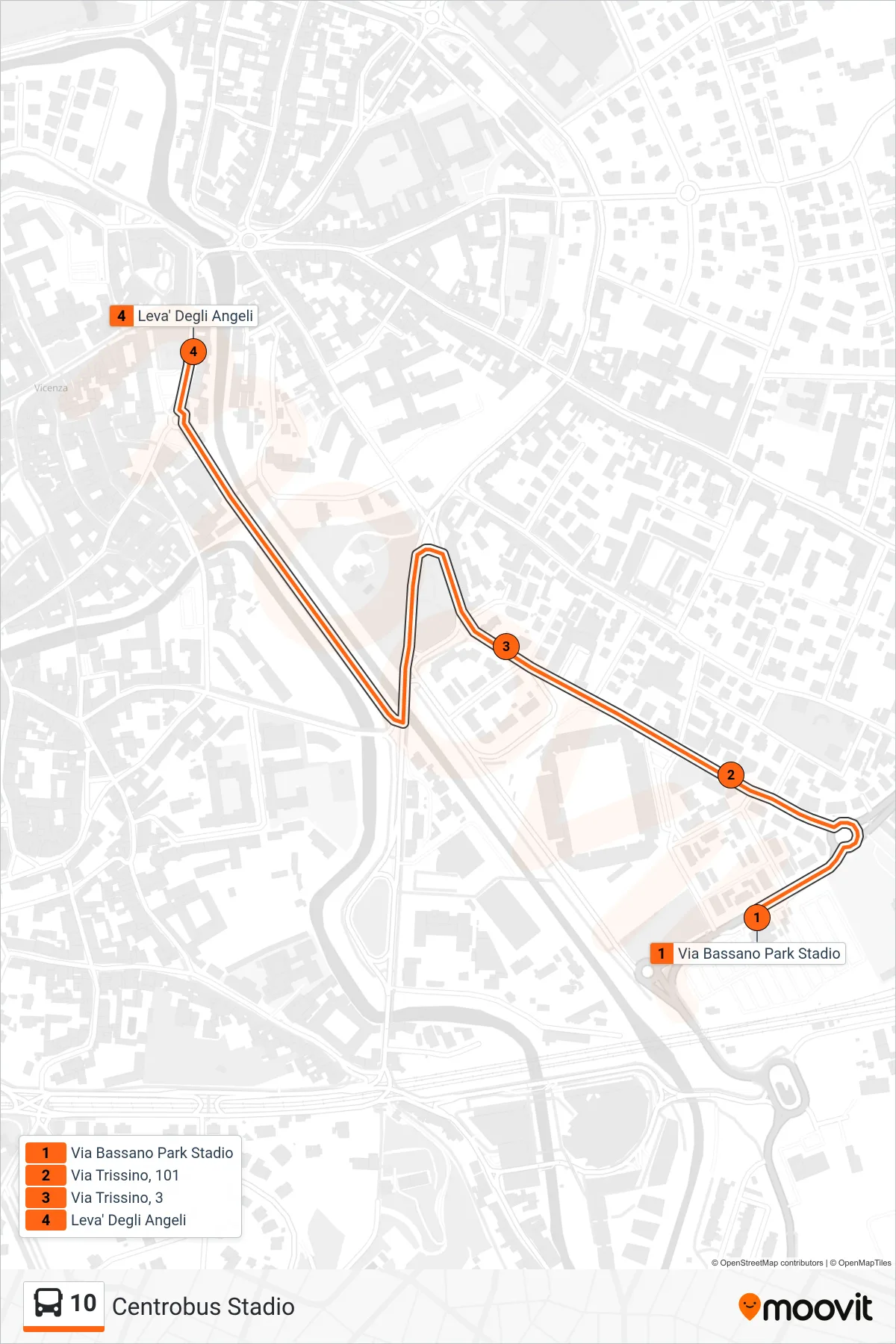 Linea 10 bus (Park Stadio > Leva' Degli Angeli) - Percorsi e fermate sulla mappa
