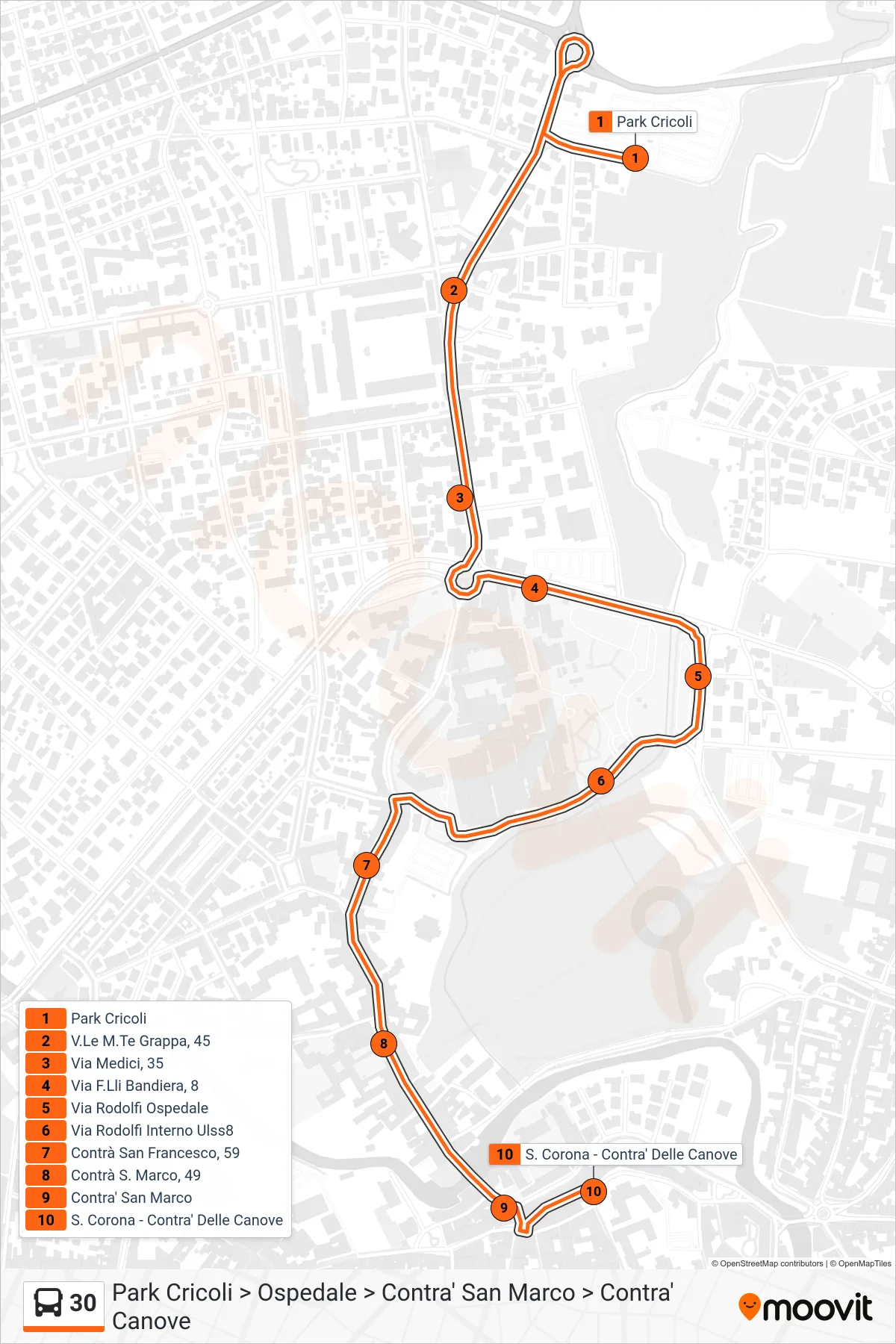 Linea 30 bus (Park Cricoli > Ospedale > Contra' San Marco > Contra' Canove) - Percorsi e fermate sulla mappa