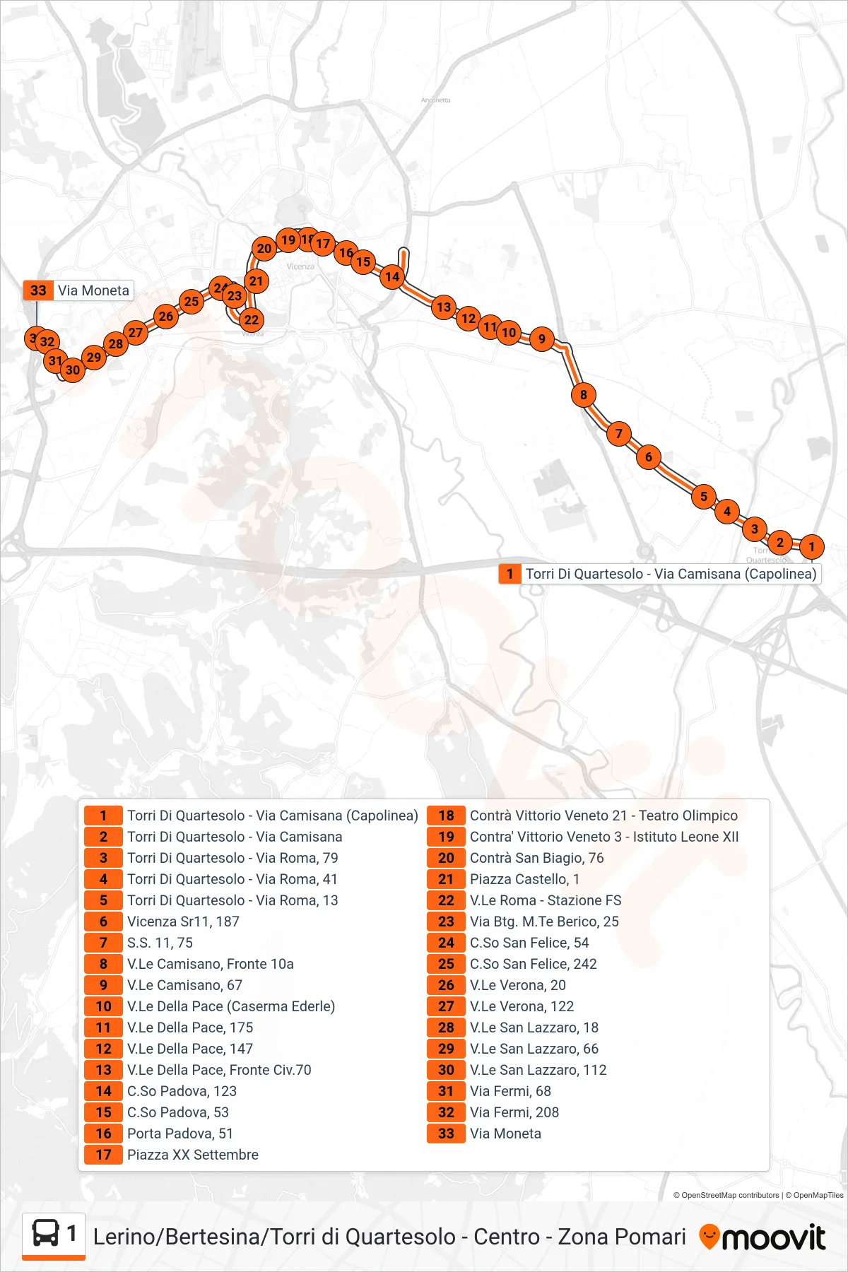 Linea 1 bus (Torri Di Quartesolo > Via Moneta) - Percorsi e fermate sulla mappa