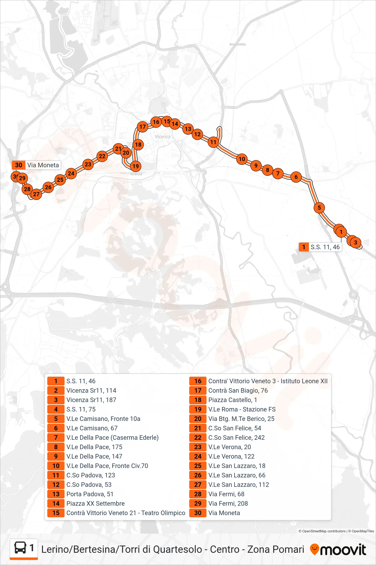 Linea 1  bus (Setteca' > Via Moneta) - Percorsi e fermate sulla mappa