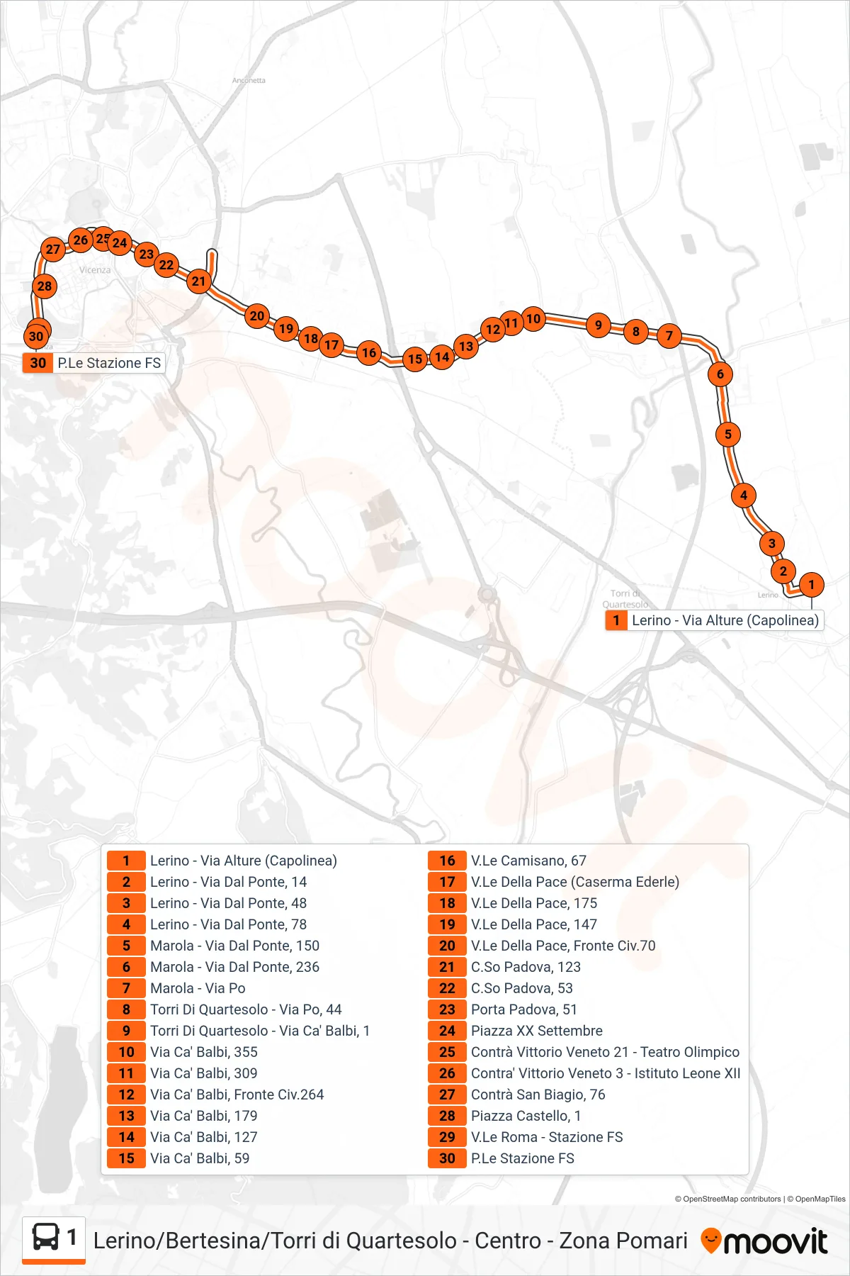 Linea 1 bus (Lerino > Stazione FS) - Percorsi e fermate sulla mappa