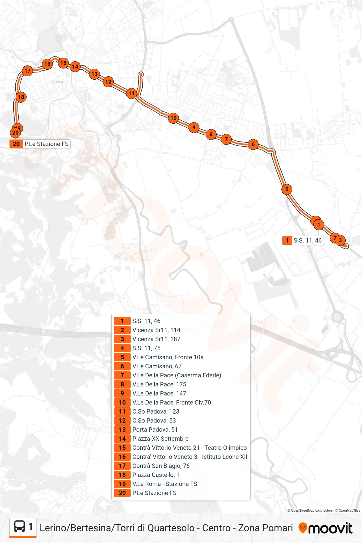 Linea 1 bus (Setteca' > Stazione FS) - Percorsi e fermate sulla mappa