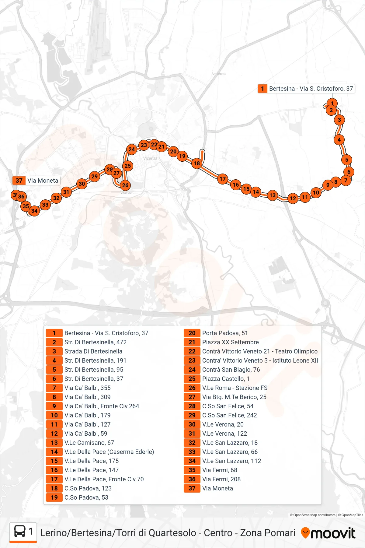 Linea 1  bus (Bertesina > Via Moneta) - Percorsi e fermate sulla mappa
