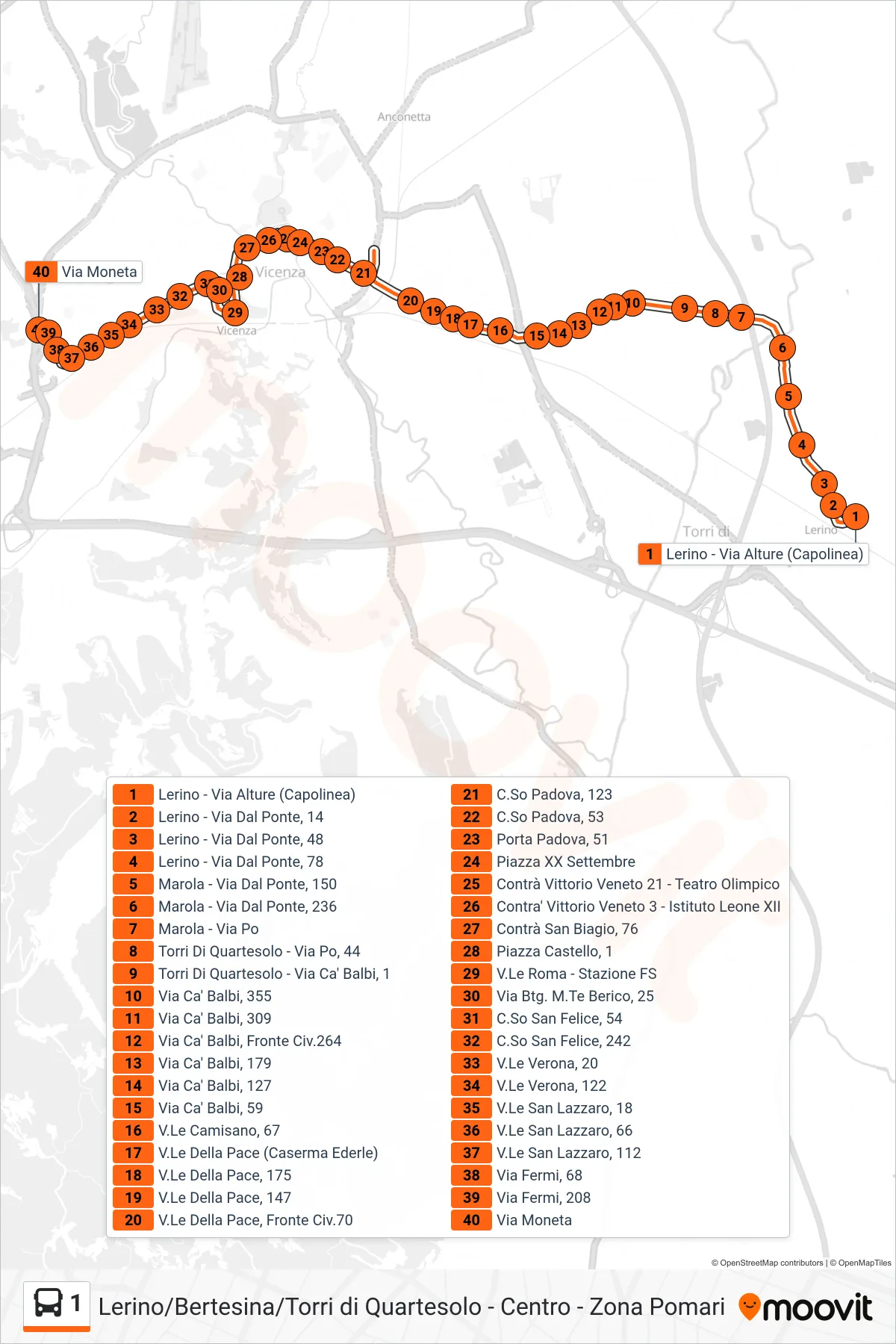Linea 1 bus (Lerino > Via Moneta) - Percorsi e fermate sulla mappa