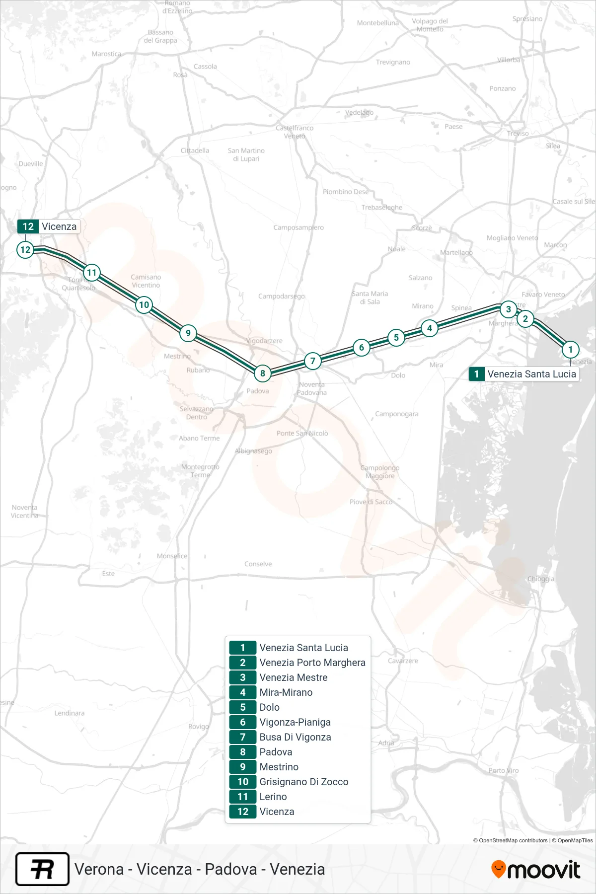 Linea R treno (Vicenza) - Percorsi e fermate sulla mappa