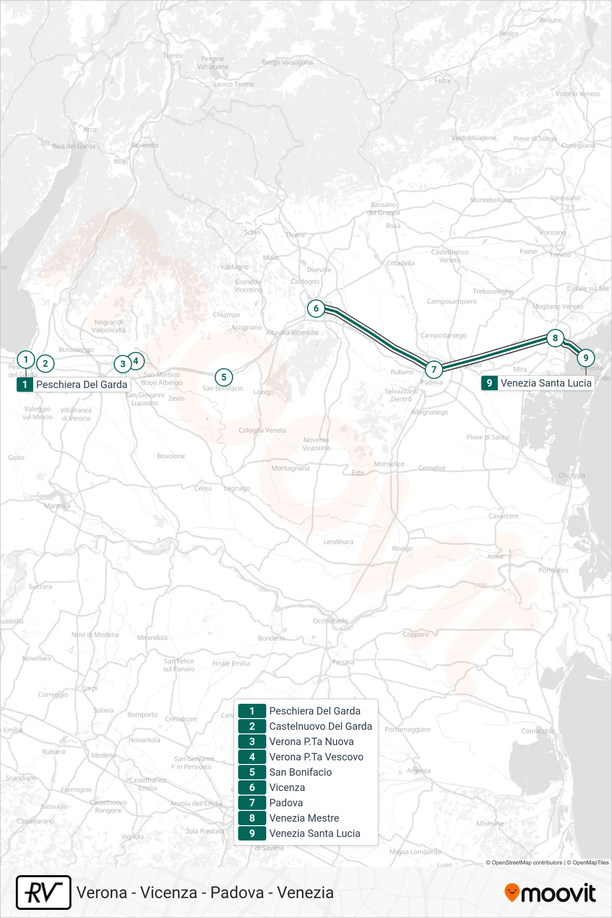 Linea RV treno (Venezia S. Lucia) - Percorsi e fermate sulla mappa