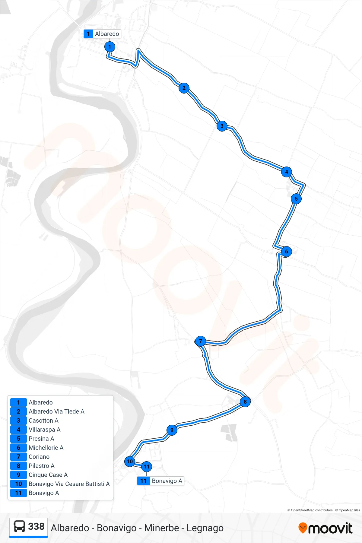 Linea 338  bus (Bonavigo) - Percorsi e fermate sulla mappa