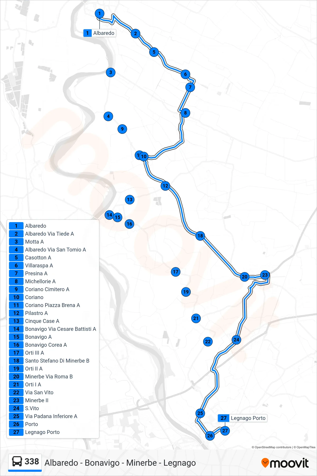 Linea 338 bus (Legnago Porto) - Percorsi e fermate sulla mappa